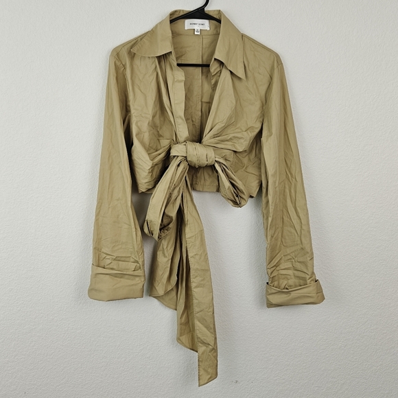 Ronny Kobo Palmer Cotton Poplin Long Sleeve Bare Midriff Tie-Back Tan Top Medium - Picture 4 of 15